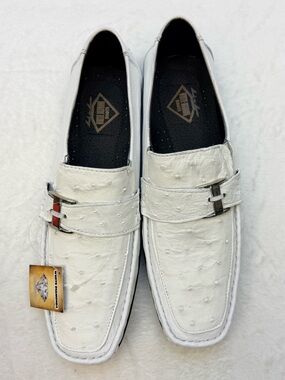 White Diamond Men's White Leather Loafers Slip-on with Decorative Buckle